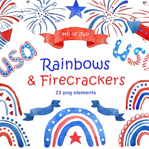 4th of July png Independence Day rainbow clipart, Watercolor patriotic  clip art files, USA red white blue fireworks