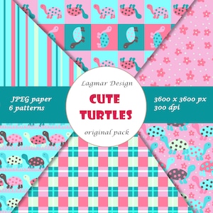 May include: A set of six digital paper patterns featuring cute cartoon turtles in various colors and designs. The patterns include stripes, polka dots, checkered, and floral designs. The patterns are 3600 x 3600 pixels and 300 dpi.