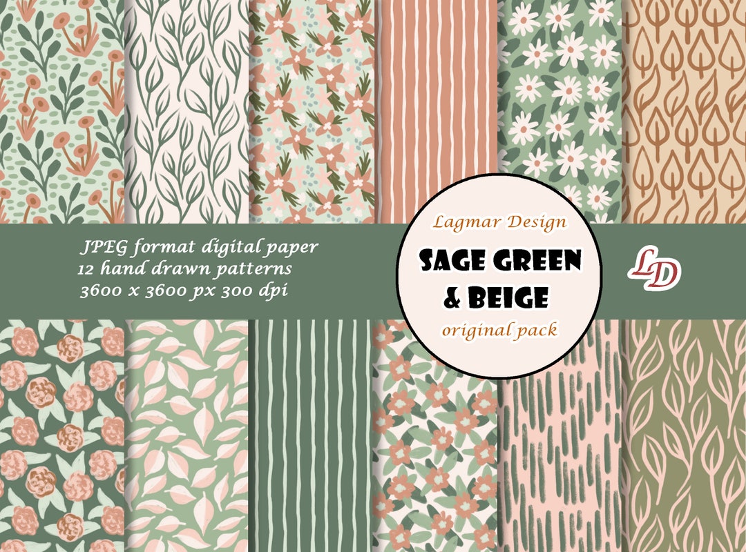 Sage Green Floral Digital Paper, Pastel Boho Seamless Pattern File ...