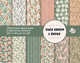 Papier numérique floral vert sauge, fichier de motifs sans couture pastel boho, feuilles de fleurs neutres en sourdine
