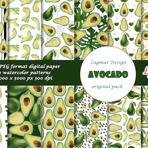 Avocado digital paper, Summer digital paper, Fruit seamless pattern files, Watercolor food printables download