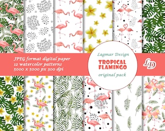 Tropical flamingo digital paper, Summer pink tropic digital paper, Hawaii seamless pattern files, Beach palm monstera fabric print