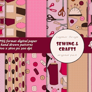 Sewing digital paper, Embroidery seamless pattern file, Thread scissors fabric rolls, Tailor craft print, Vintage needlework for crafters