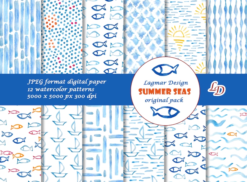 May include: Twelve watercolor patterns featuring nautical themes, including blue stripes, polka dots, fish, sailboats, and a sun setting over the ocean. The patterns are 5000 x 5000 pixels and 300 dpi.