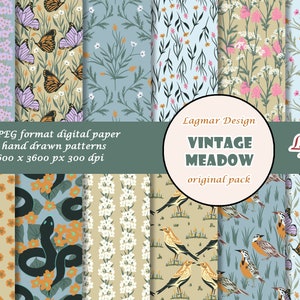 Sommerwiese digitales Papier, Vintage Blumen nahtlose Muster Datei, Blumen Schlange Vogel Schmetterling Druck, Garten Damast Design