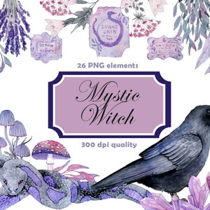 May include: A set of 26 watercolor illustrations featuring a purple snake, a black crow, purple mushrooms, a bottle of purple potion, and various purple herbs and flowers. The illustrations are labeled with text such as "Snake Skin", "Demon Breath", and "Vampire Blood".