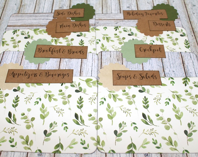 Recipe Box Dividers, 4 X 6 Recipe Dividers, 5 X 7 Dividers, Recipe Binder Dividers, Greenery