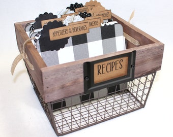 Rustic Recipe Box, 4 x 6 Recipe Box, Neutral, Black and White Recipe Dividers, Recipe Cards Box, Wooden Recipe Box, Buffalo Plaid Dividers