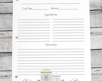 May include: A printable recipe template with lines for writing down ingredients and directions. The template has a decorative border with two ceramic jars with floral designs.