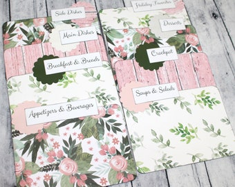 Recipe Dividers, Recipe Box Dividers, Pink Floral Recipe Card Dividers, Pink and Green Floral, 4 x 6 Recipe Cards, 3 x 5, 5 x 7, custom