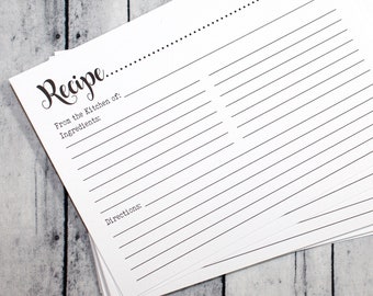 May include: A stack of white rectangular recipe cards featuring black printed text and lines. The cards include the word Recipe, From the Kitchen of, Ingredients, and Directions, with a dotted line at the top and horizontal lines for writing.