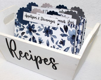 Recipe Box, 5 x 7 Recipe Box, Navy Blue Floral Dividers, Recipe Card Box, White Wooden Recipe Box, Rustic Farmhouse Recipe Box
