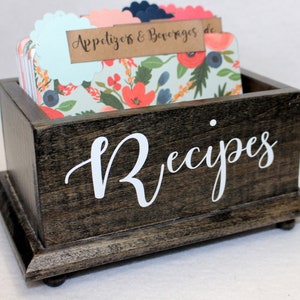 Ready to ship, Recipe Box and Recipe Cards, Black Wooden Recipe Box, 4 x 6 Recipe Cards, Recipe Card Box, Floral Dividers, Rustic Recipe Box
