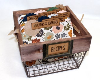 Recipe Box Basket, 4 x 6 Recipe Box, Recipe Card Box, Wooden Recipe Box, Rustic Recipe Box, Floral Recipe Dividers, Personalized Recipe Box