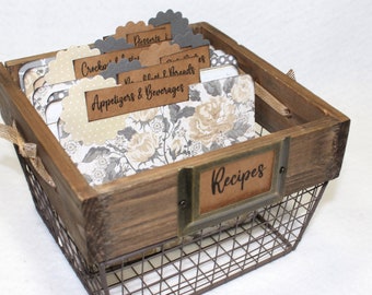 Large Recipe Box, 4 x 6 Recipe Box, Recipe Box and Cards, Wooden Recipe Box, Rustic Recipe Basket, Floral Recipe Dividers, Personalized