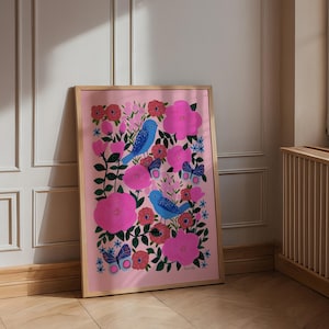 Rosa selvatica, uccelli blu, scandinavo, boho, arte, pittura, stampa floreale nordica, decorazione murale eclettica, decorazione soggiorno