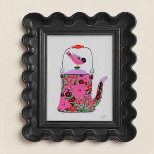 No. 6 Blooming Kettle and Folk Bird Original Watercolor and Gouache Floral Painting Tea Pot