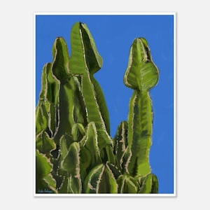 May include: A vibrant painting of a green cactus against a bright blue background. The cactus has multiple stems with a textured appearance and white accents. The artwork is a botanical illustration.