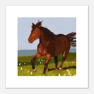 May include: A digital painting of a brown horse with a dark mane and tail running through a green field with small yellow flowers under a light blue sky. The horse has dark lower legs and is captured in motion. The artist signature is visible.