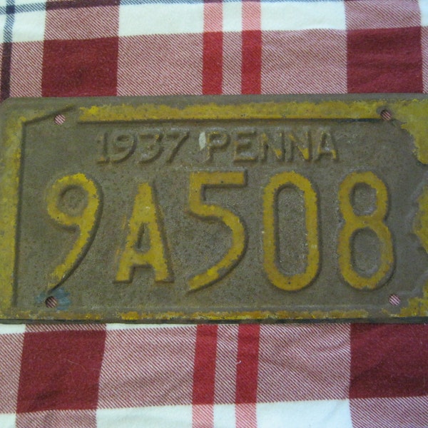 Antique License Plate-Vintage Car Plate-1937 PA Plate-1937 License Plate-Old License Plate-Man Cave Decor-Garage Decor-Man Gift-Vintage AAA