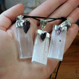 Choose Selenite or Selenite with Amethyst Pendant, Raw White Crystal Necklace Healing Stone with free adjustable Cord