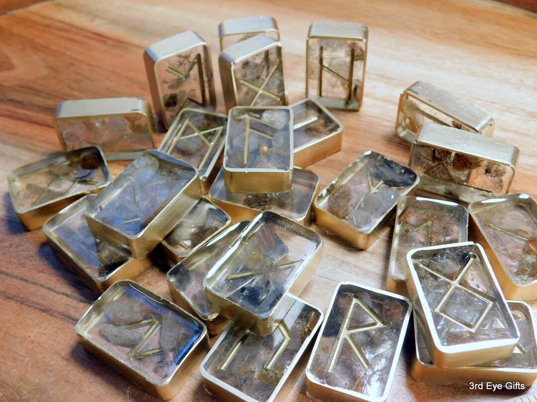Rutilated Garden Quartz Rune Set, Elder Futhark Golden Gilded Fortune ...