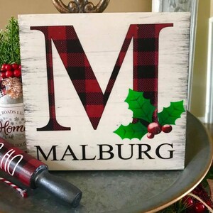 Buffalo Plaid Monogram with name and holly, Tier Tray Sign 5.5&quot;x6&quot;