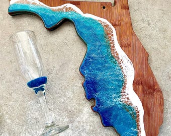 Florida charcuterie board, cheese board, cutting board.  Ocean art, resin art.
