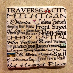 Traverse City Michigan subway art tumbled tile coasters, set of 4.