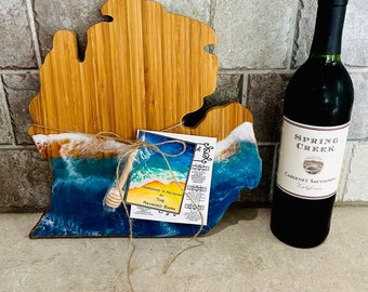 Michigan charcuterie board, cheese board, cutting board.  Lake art, resin art.