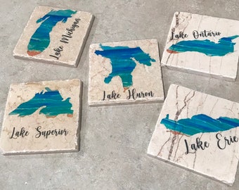 Set of 5 Tumbled Tile Great Lakes Coasters with Cork backing.