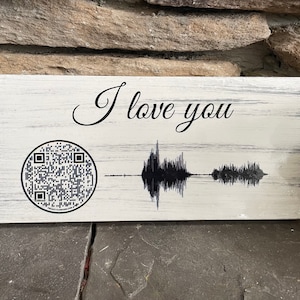 Personal voicemail message QR code w/ Soundwave. Wood sign 12x6&quot; I do not edit.  Text me voicemail or recording first iPhone only compatible