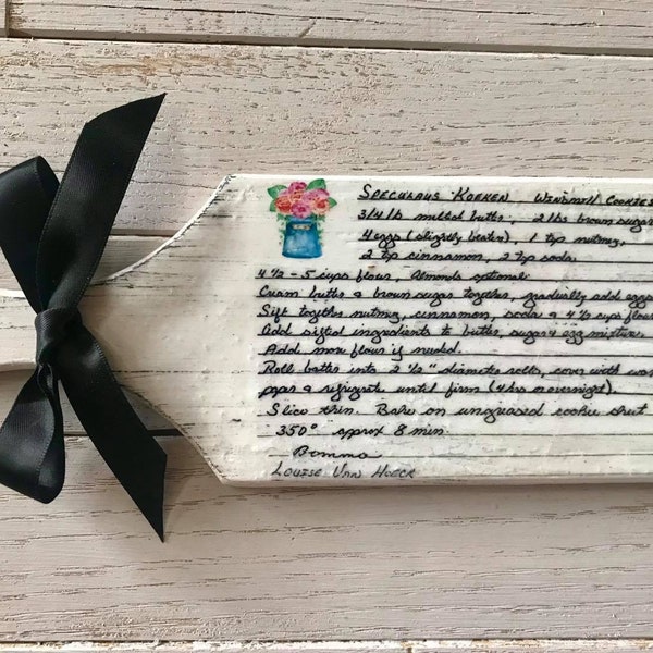Your Handwritten Recipe on a small wood shaped cutting board. 9x3.5" Attach photo of recipe in private message.
