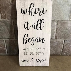 Where it all began, custom coordinates and names wood sign 12&quot;x5.5&quot;