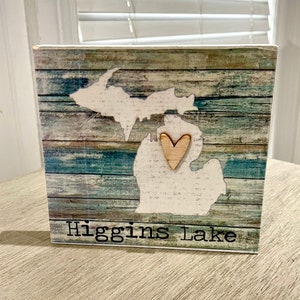 Custom Any City/State wood sign w/ Wood heart on city you choose.  6x6 Michigan pictured
