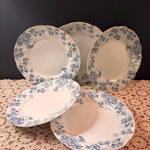 Antique Blue and White Set of 5 - 7 3/4" Plates by John Maddock & Sons, Royal Vitreous / English Transferware