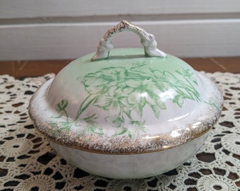Vintage Anchor Pottery Green Trenton Floral Soap Dish / Butter Dish