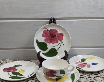 Vintage Mid Century Set aus Stetson-Untertassen und 1 Teetasse / Blumen-Teetasse und Untertassen / 1950er Jahre Stetson-Chinastücke