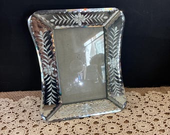Vintage Elegant Venetian Style Mirrored Glass Picture Frame / Etched Floral and Engraved Design / Wedding Gift