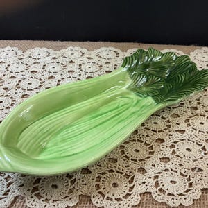 Vintage Studio Pottery Mid-Century Green and White Ceramic Celery Dish / Appetizer Dish