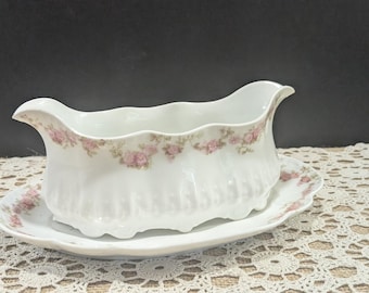 Salsiera vintage Limoges Chesterfield con rivestimento interno: stoviglie Haviland con motivo floreale rosa