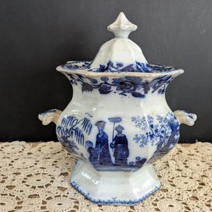 Antique Flow Blue Transferware Covered Sugar Bowl / Biscuit Jar / Tea Caddy / Ironstone Staffordshire