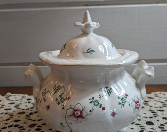 Large Antique Floral Pattern Sugar Bowl, Biscuit Jar, Tea Caddy / Old Ironstone Sugar Jar