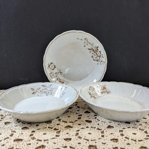 Set if 3 Antique Brown Floral Transferware Berry Bowls, Sauce Dishes