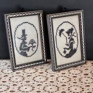 Vintage Pair of Framed Cross-Stitch Silhouettes Victorian Man and Lady / Colonial Decor