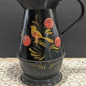 Vintage Toleware Pitcher: Hand-Painted Black Metal Folk Art Decor