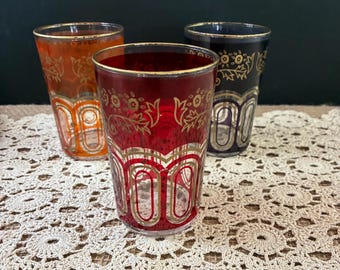 France Morroccan Style Tea Juice Glasses / Set of Three Red, Orange, Purple with Gold Gilding