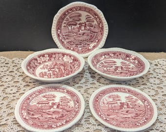 Five Copeland Spode Tower Bowls & Appetizer Plates - Red Transferware - Farmhouse Decor