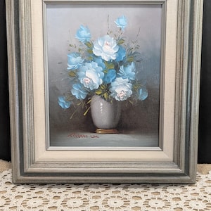 Vintage Oil Painting Blue Roses by Robert Cox / Floral Still Life / Oil on Canvas