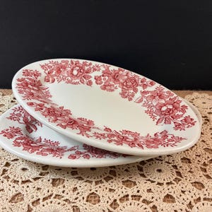 May include: Two oval ceramic plates with a white base and a red floral pattern around the rim. The plates are stacked, with the top plate angled to show the detailed botanical design featuring roses and leaves along the edge of the dish.